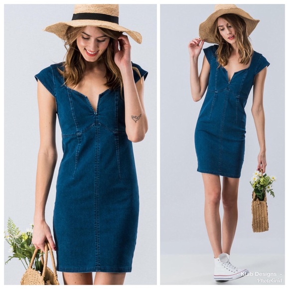 Blue Stretch Denim Dress-Sweetheart Neckline - Picture 3 of 8